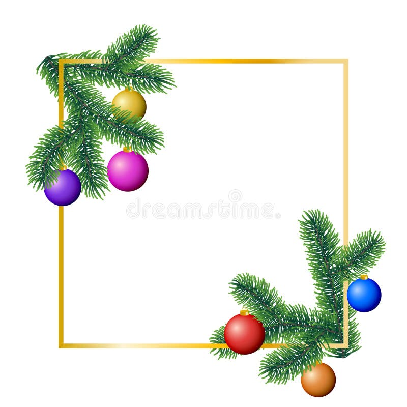 Vector winter rectangle frame with coniferous tree branches decorated with colorful christmas ornaments on white background.  royalty free illustration