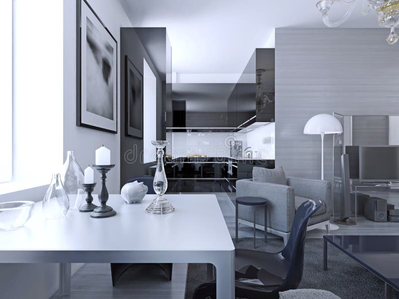View of kitchen studio modern gothic. Shades of grey. Luxury interior of studio with kitchen, lounge and dining. 3D render royalty free illustration