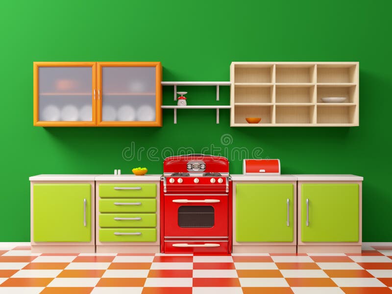 Vintage 50s kitchen flat vector illustration