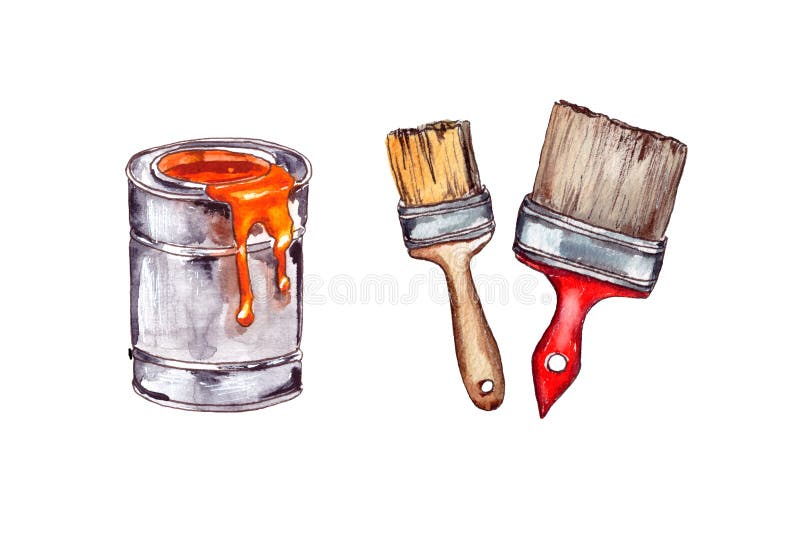 Watercolor illustration.repair of apartments and houses, a coat of paint and brushes for coloring the surface. Isolated. On a white background royalty free illustration