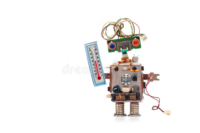Weather forecaster robot with thermometer displaying room temperature thermal comfort level. Climate control concept royalty free stock photos