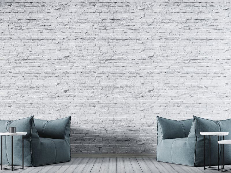 White brick empty wall in modern interior background with blue fabric armchair. 3D render stock illustration