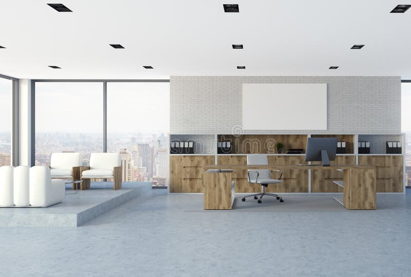 White brick wall CEO office interior, poster. White brick wall office interior of a company leader with a concrete floor, loft windows and wooden furniture. A vector illustration