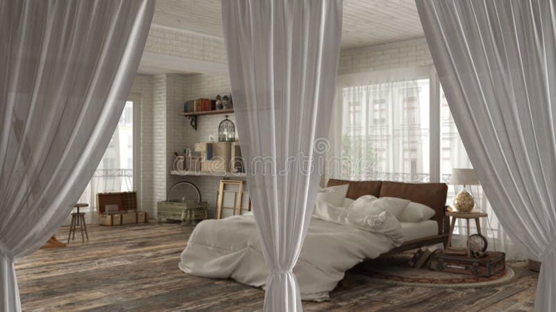 White openings curtains overlay classic bedroom, interior design background, front view, clipping path, vertical folds, soft tulle. Textile texture, stage royalty free stock photos