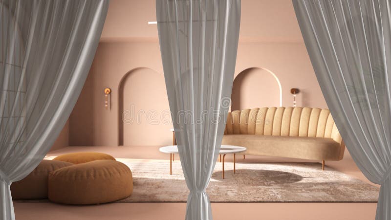 White openings curtains overlay classic living room, interior design background, front view, clipping path, vertical folds, soft. Tulle textile texture, stage stock photo