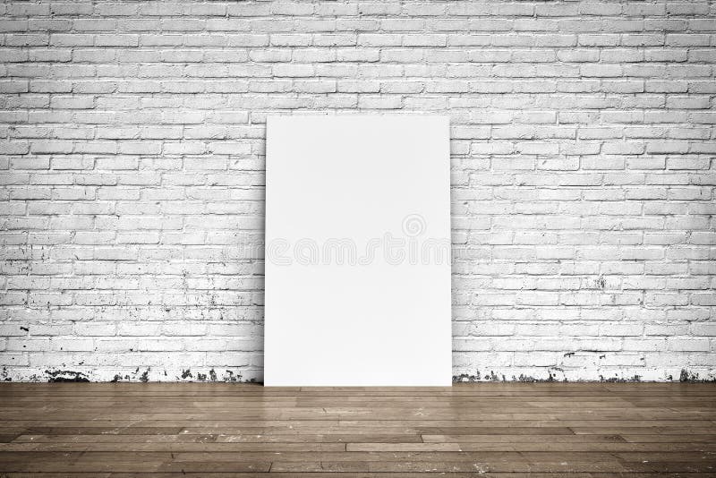 White poster on brick wall and wood floor. Three-dimensional illustration of interior: white blank poster on brick wall and wood floor stock illustration