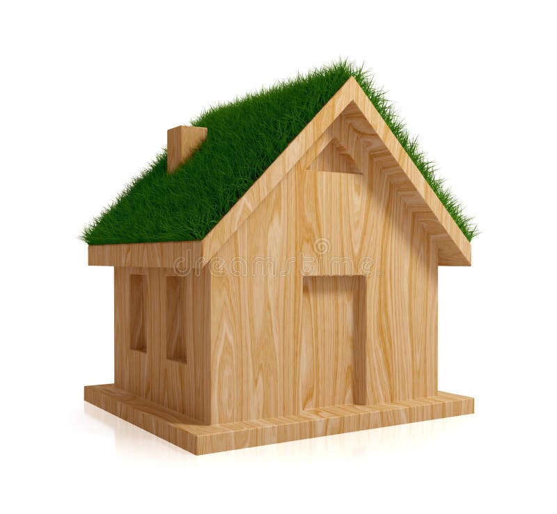 Wooden house with a green grass on a roof. vector illustration