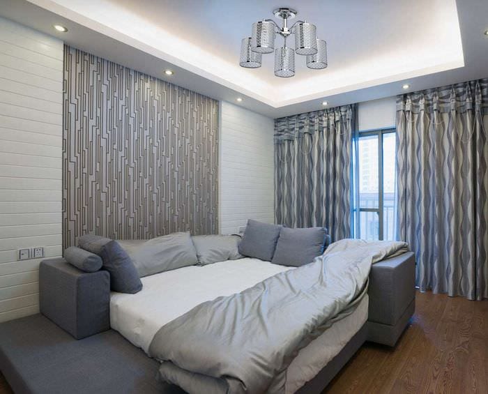 дизайн спальни с серыми обоями
